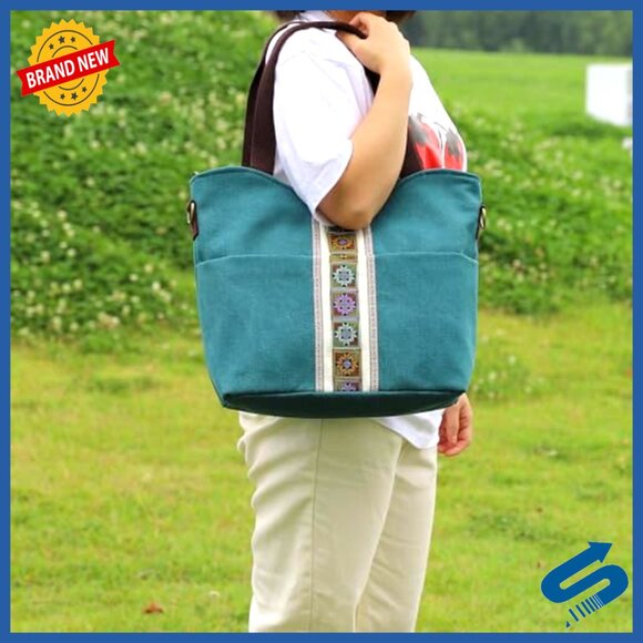 Large Canvas Tote Bag Embroidered Boho Crossbody Shoulder Bag Multi Pocket - Picture 2 of 6